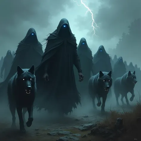 a full-scale war, where an army of shadows of omens and wolves defend their  blue eyes blackhood, black cloak, muscle , tall



