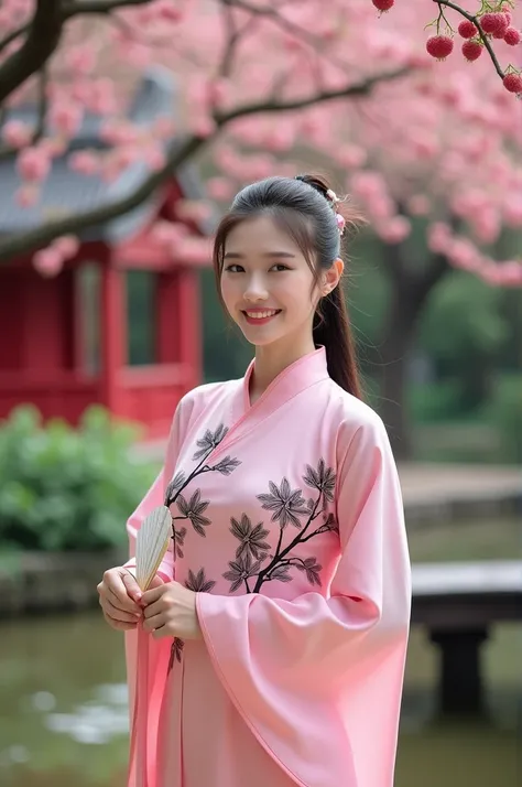 natural photography portrait of an Asian woman wearing a pink hanfu dress with black rose floral motifs posing standing with a paper fan, hair in a ponytail, smiling. Backgroud of lychee trees in a garden, red temple, small river, small wooden bridge, supe...