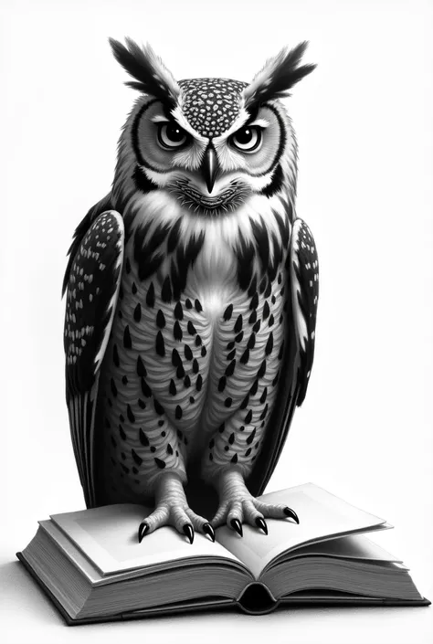 Black and white drawing with few details of a large owl on top of an open book 