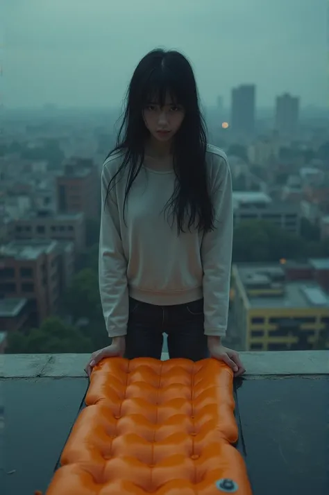 A girl who wants to commit suicide from a height and on the other side of an inflatable mattress