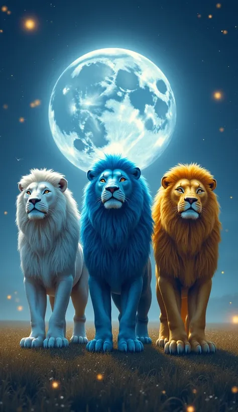 Three giant magical lions, a white golwing, a blue golwing, and a golden golwing are standing straight ahead, watching, the moonlit night is the background, and fireflies and light birds are flying above.