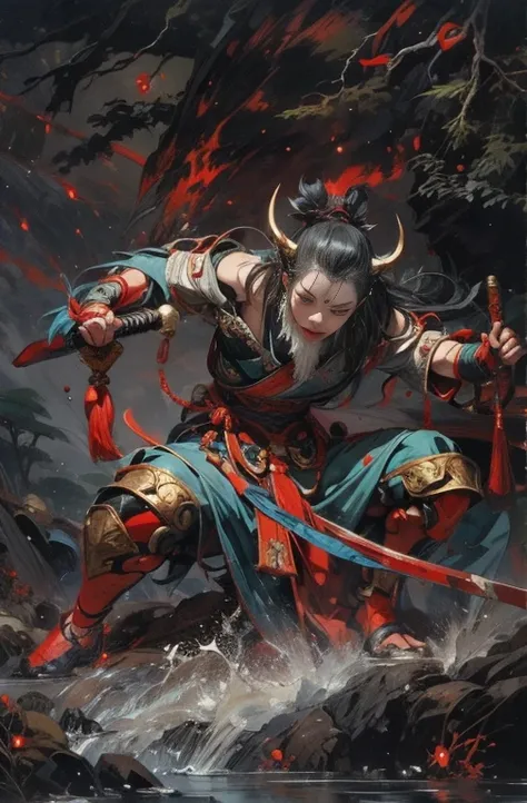  Beautiful painting of Japanese Oni demon beheading, Japanese Oni ninja demon beheading warrior , inspired by Chen Yifei ,  Works that influenced Francesco Hayes ,  Inspired by Hendrik Terbruggen ,  cinematic light ,  figurative art ,  Beautiful and expres...