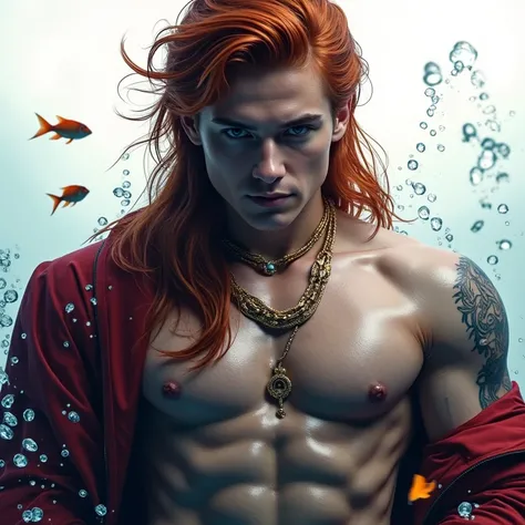 Foto realistic
(Solo: 1.5), (Young Mermaid: 1.5), (Cute and very very Handsome Face: 1.5), (Muscular Body: 1.5), (Sea in the Ocean: 1.5), (Lighting in the Sea: 1.4),(Water bubbles:1.2), (Intense gaze: 1.3), (Small fish surround: 1.2), (Golden accessories: ...