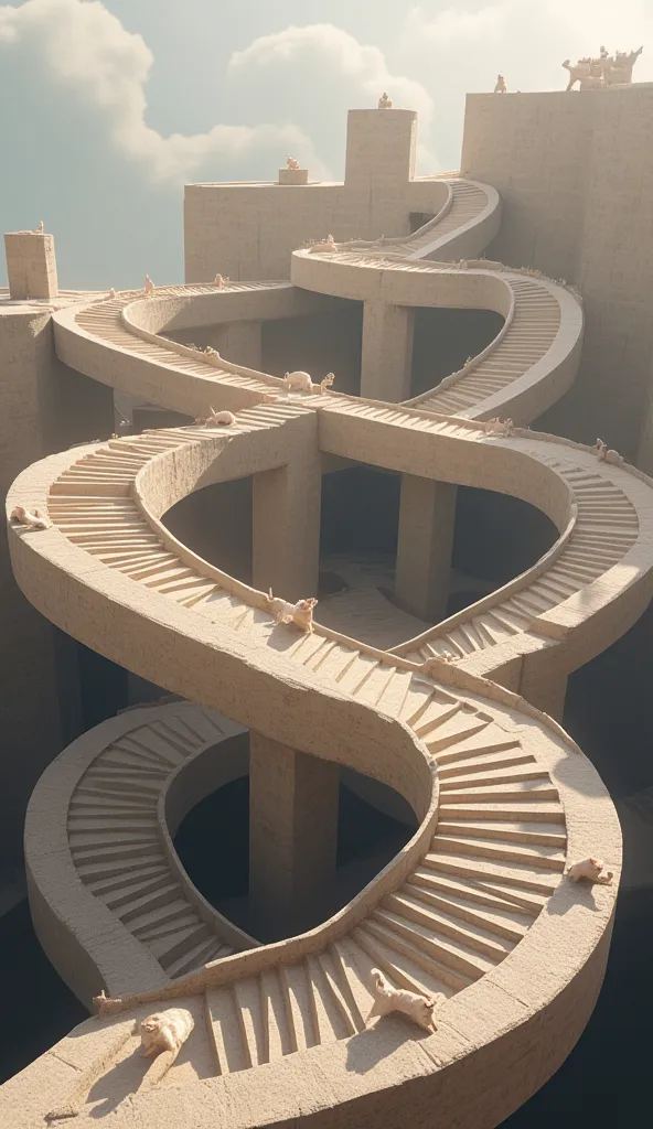 penrose stairs made of very realistic stone, with cute cats happily walking on them, simple background