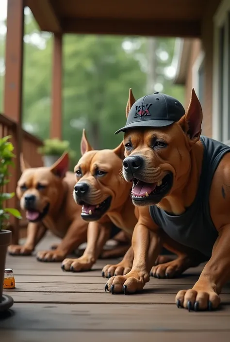 Four Anthropomorphic  muscular  frat boy  dogs on crouching on porch hyper realistic