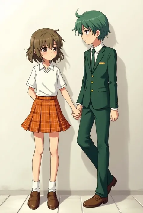 Anime boy in a orange plaid skirt and a short sleeve uniform top with an anime girl in a Green Suit jacket and green pants