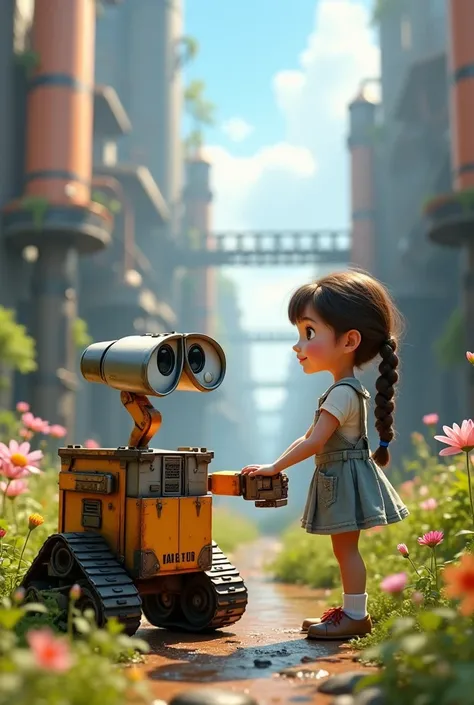 THE WALL-E ROBOT HOLDING HANDS WITH A GIRL LOOKING FORWARD IN AN ENVIRONMENT THAT REPRESENTS THE LINK BETWEEN TECHNOLOGY AND THE ENVIRONMENT