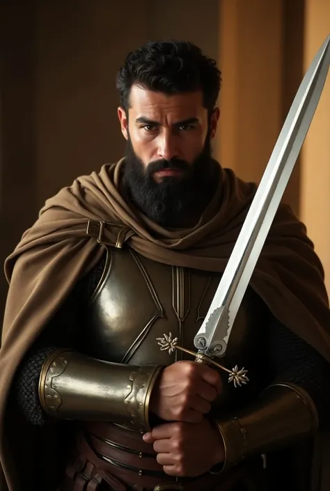 Arabian knight. He holds a strong, shining sword in his hand. Beard hair missing. He wears war armor. He looks at the camera defiantly. Front angle. Light source from the right. Warm atmosphere. Fine details. Clear features.