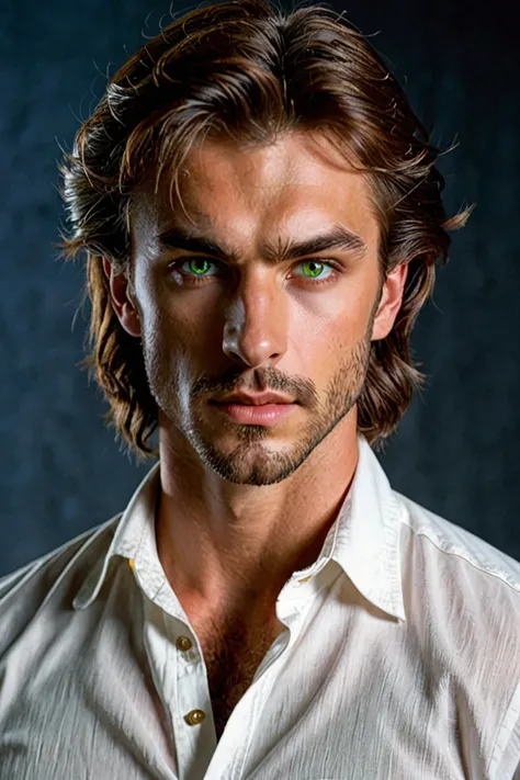 man, high, delgado, athletic,  green eyes,  white shirt,  blue jeans , brown hair, classic hairstyle, werewolf eyes and small nose.