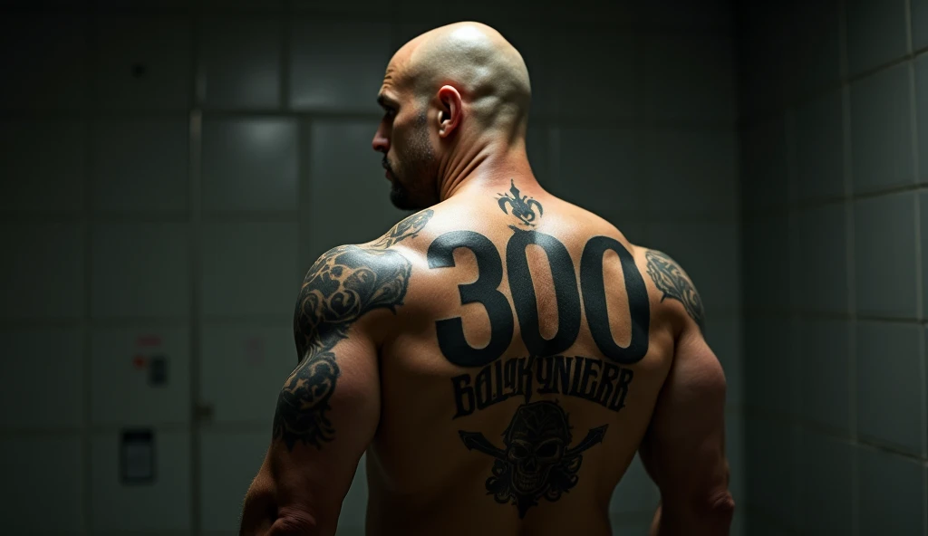 masterpiece,   best quality  .   The broad back of a bald man , prisoner , bodybuilder .  He has a stylish tattoo: “300 followers” .   studio lighting  ,  filmed in jail