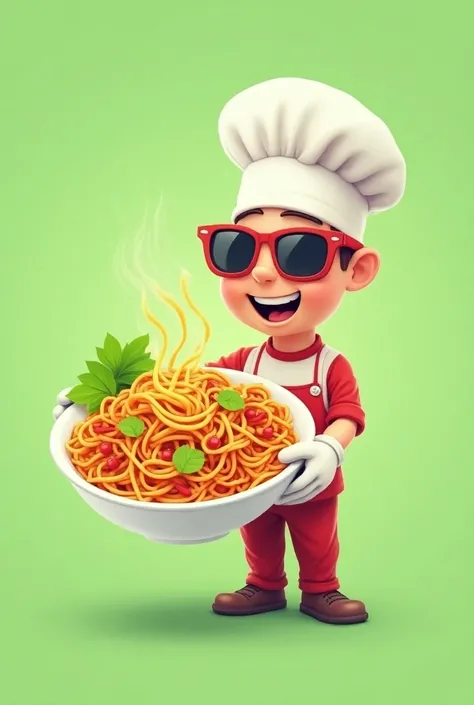  of the best quality , 4k,8K, highres, masterpiece: 1.2),  very detailed, (realistic, photo realism, foto-realistic: 1.37),  2 characters spicy noodles and me,  flat illustration vector , Cartoon Style,  Sunglasses ,  white chef hat ,  white gloves  ,stick...