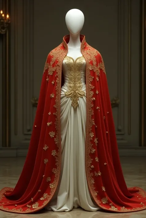 Faceless humanoid with fancy plain white yellowish outfit with gold accents and  red royal coat 