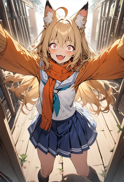 score_9,score_8_up,score_7_up,rating_safety,source_anime,masterpiece,best quality,hyper detailed,super fine illustration,8k,cinematic angle,BREAK 1girl,55yo,solo,blonde hair,(fox ears:1.2),long hair,ahoge,(crazy eyes:1.1),cheerful smile,devil fangs,flat ch...