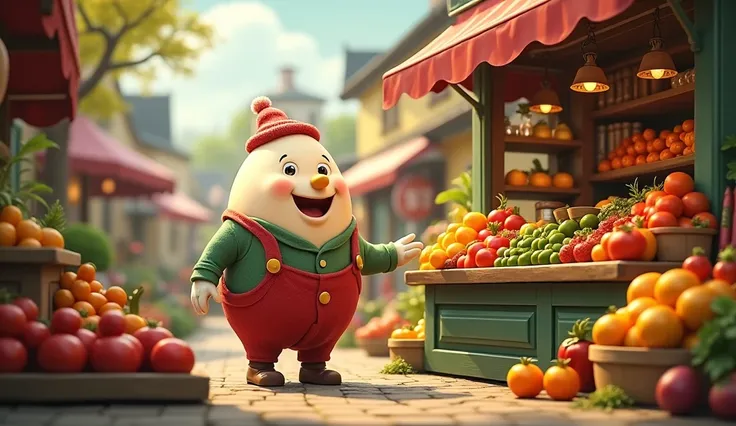 
Oh, Humpty Dumpty, what do you sell?  
Fruits and veggies, oh, so swell!  
Come on in, take a look around,  
In Humptys store, joy can be found!