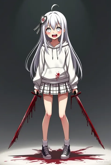  There are blood stains on the white hoodie, Short white plaid skirt with blood stains, 흰색 머리카락 한 가닥  is standing,  hair is white, , Wearing a dark white ribbon , Eyes are dark white, , eyes are small, There are double swords with scuffs on the hands, Shor...