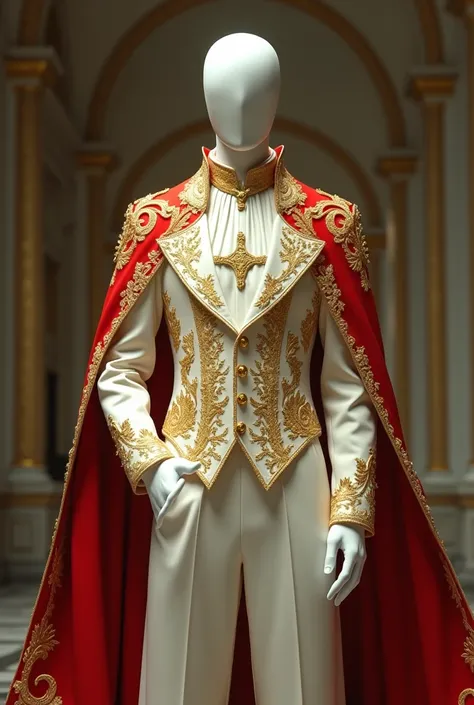 Faceless male humanoid with fancy plain white yellowish outfit with gold accents and  red royal shirt as a cape 