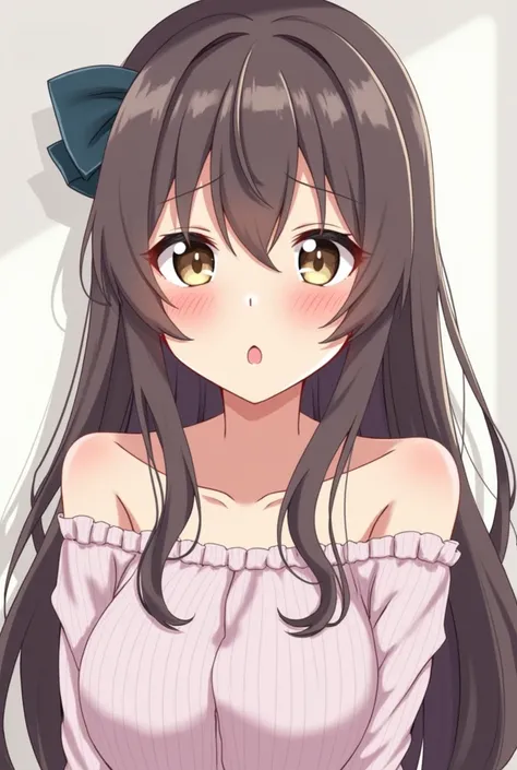  is in a hurry to go to the bathroom,one girl,  high resolution, accurate, Long hair, chest,  My face turned red, Open your mouth slightly, shy, weep., Heavy breathing,  simple background, ribbon, Fill in the image The girl wearing , anime style , 