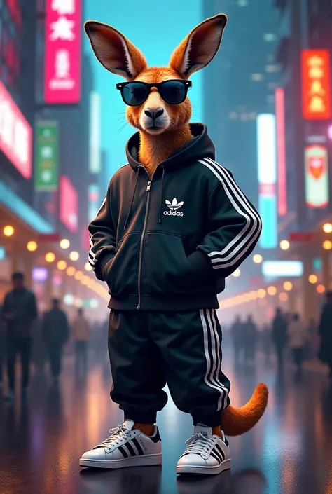 Kangaroo with dark glasses and Adidas pants and Adidas shoes with lots of Flow royal style