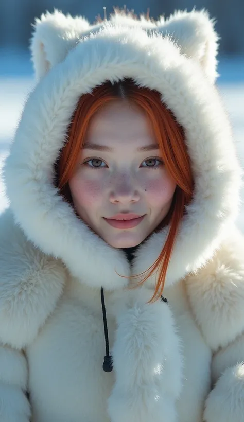     close-up of a large white fox with shiny and realistic skin and   , a beautiful red-haired woman wearing a national Eskimo costume made of hooded deer fur  ,    they look at the camera and smile   ,detailed specification лица с морщинами ,detailed blac...