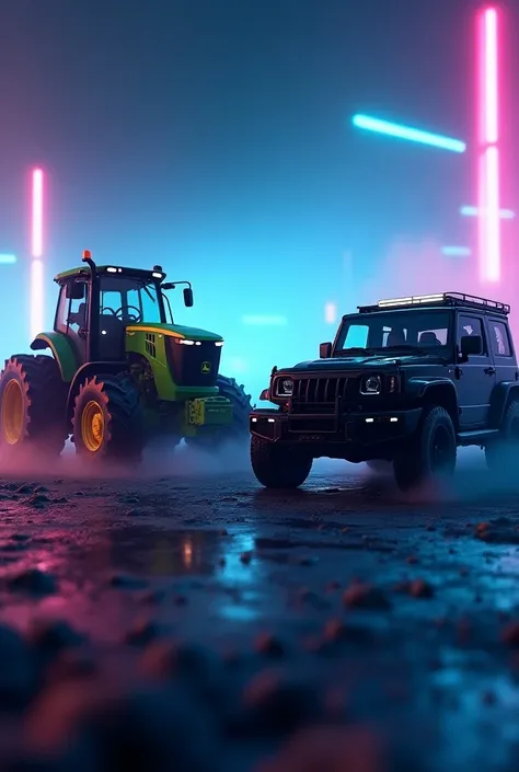 Black Thar SUV and a John Deere tractor in a head-to-head face-off. The setting is a futuristic cyberpunk environment with vibrant neon lights in colors like blue, pink, and purple, illuminating the vehicles. Add motion blur around the scene to emphasize a...