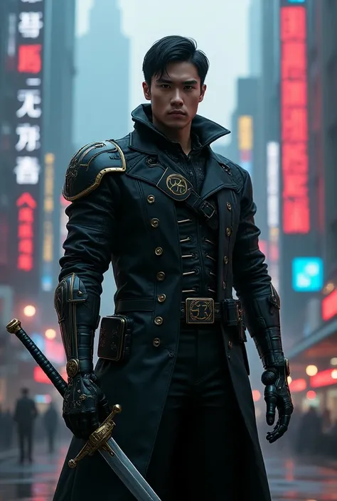 a real guard from a future cyberpunk with his robotic left arm , He is Vietnamese and has fancy clothes  , And he has a medieval sword , Does your uniform belong to England