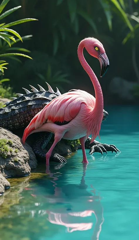 "Design a terrifyingly realistic hybrid creature that blends the elegant form of a vibrant pink flamingo with the lethal presence of a black-scaled crocodile. The creature should have the tall, slender legs of a flamingo, but with powerful, muscular limbs ...