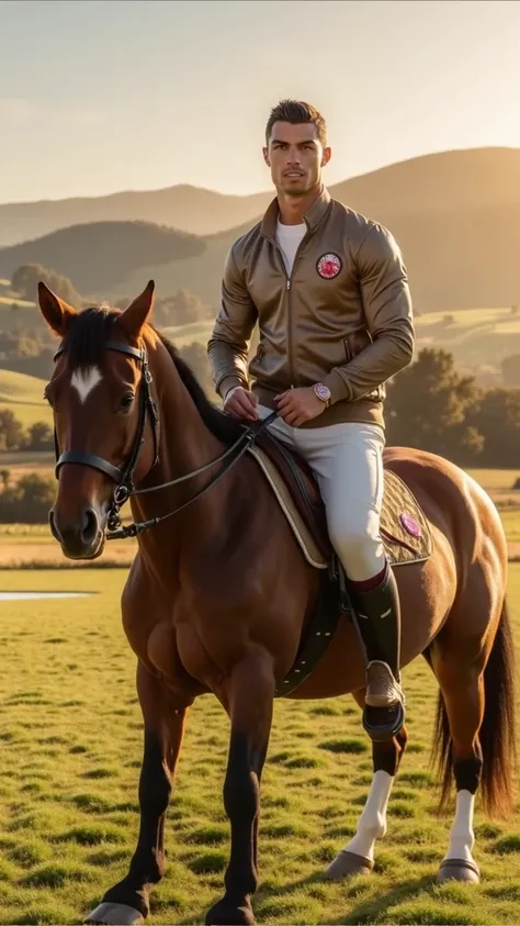 Visualize a hybrid scenario where a Cristiano Ronaldo-like figure is riding a majestic brown horse that moves gracefully at a slow pace. The scene blends elements of reality and fantasy: the countryside background features lush green fields, but with futur...