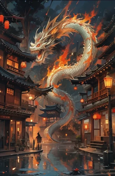  Beautiful Japanese dragon painting, Japanese dragon haunts people , inspired by Chen Yifei ,  Works that influenced Francesco Hayes ,  Inspired by Hendrik Terbruggen ,  cinematic light ,  figurative art ,  Beautiful and expressive paintings .  Landscape J...