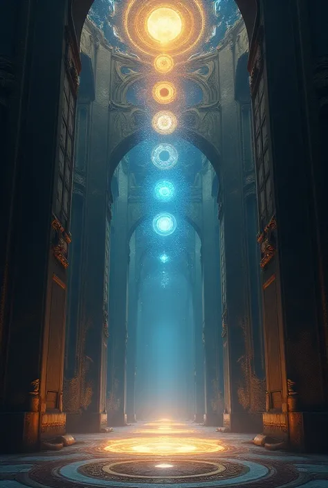 A long, space-like portal leads to the far end . There are many large panels on both sides of the portal,There is a very detailed image above ,Draws all the chakras