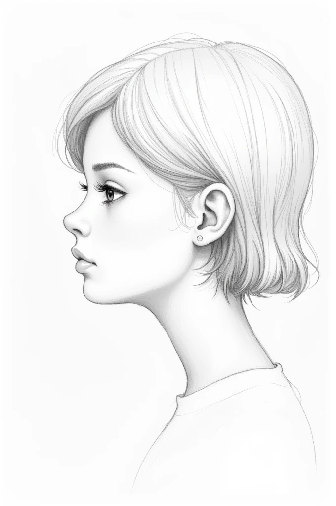 Side profile face sketch with just pencil lining of a young  girl with sharp nose and small eyes 