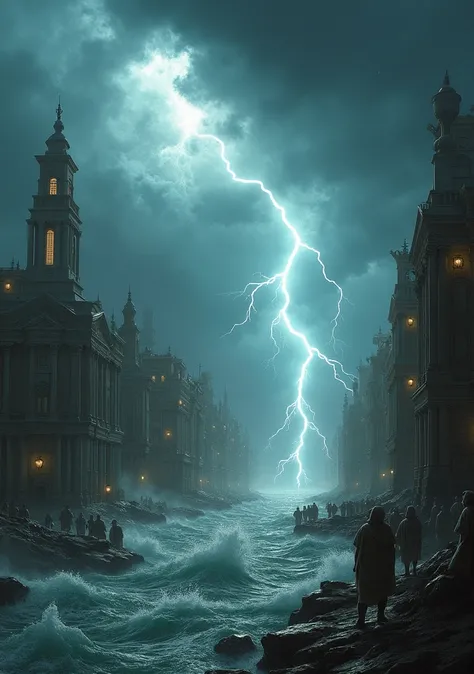  Images of storms, Thunder and a city being flooded during Noahs time