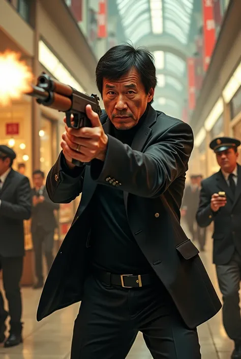 Jackie Chan in mall he robbery ing the mall and he have AK 47 gun and he firing the up side to the building and staffs are scared 