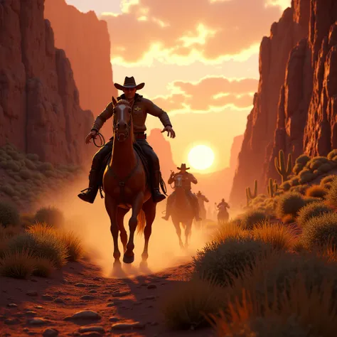 A highly detailed 3D illustration of a sheriff on horseback chasing a group of outlaws through a narrow canyon in the Sierra. The towering canyon walls rise on either side, framing the dramatic action as the sun sets in the distance, casting long shadows a...