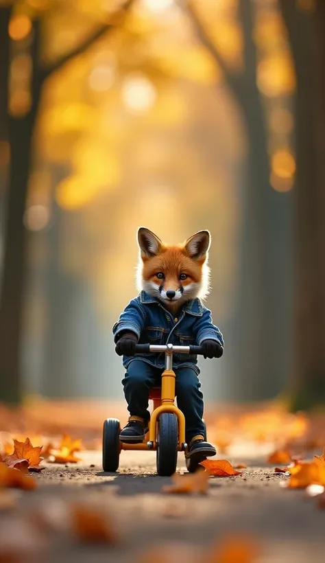 Macro cinematography, static shot: A playful fox cub dressed in a denim jacket rides a miniature yellow tricycle through a tree-lined park with autumn leaves swirling around. The sunlight creates a cozy ambiance.