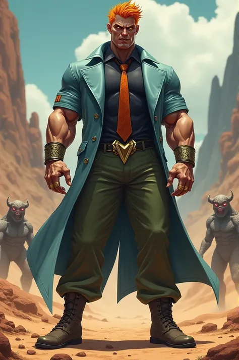 muscular man, defined body, Gold rings on all fingers., Light blue gangster jacket, Black shirt under the jacket,  Long green military pants, brown military boots,  evil smile tie, pointed orange hair  ,  messy hair ,  short hair, yellow eyes, desert lands...