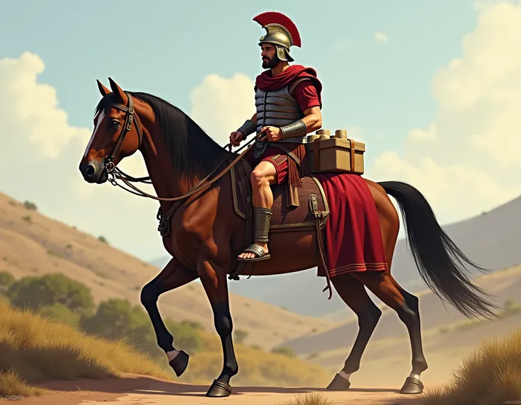 an ancient Roman soldier at riding a horse caring mails / pakages