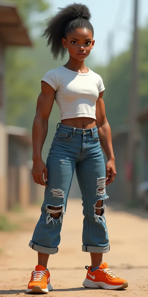 muscular african girl, wearing worn blue tight jeans , white t-shirt and orange sneakers