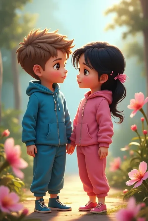  2 twin s 
A boy with brown eyes light brown hair white skin wearing blue jumpsuit
Uma dark brown eyes and black hair, white skin wearing pink jumpsuit 