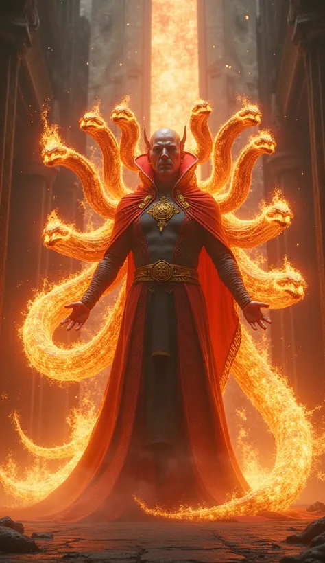 "A mystical hybrid of Doctor Strange, a hydra, and fire rises from the temple. His body is cloaked in glowing scales, with multiple heads spiraling from his back, each exhaling flames. His hands channel fiery runes, and his eyes blaze with arcane power. Th...