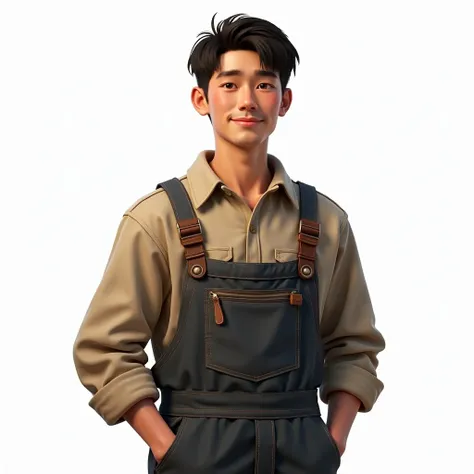 (photorealism:1.2), young man, wearing mechanic jumpsuit, short black hair, light brown eyes, soft lighting, white background, standing pose, realistic, intricate details, warm colors