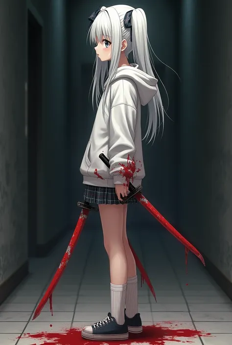  There are blood stains on the white hoodie,  Short white plaid skirt has blood stains, 흰색 머리카락 한 가닥  is standing,  hair is white, , Wearing a dark white ribbon , Eyes are dark white, , eyes are small, There are double swords with scuffs on the hands, Shor...