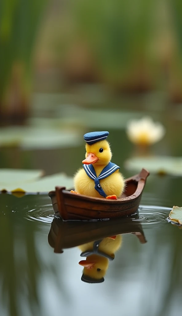 Macro cinematography, static shot: A tiny duckling in a sailor outfit sails a miniature wooden boat in a reflective pond, framed by lily pads and reeds. Subtle ripples and intricate details make the scene magical.