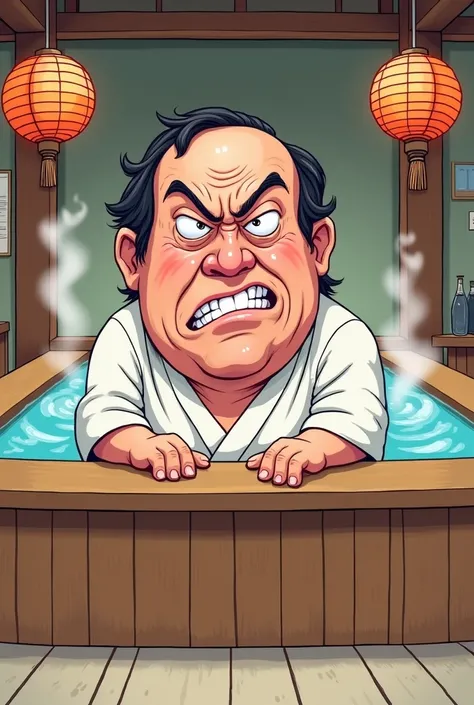 Exaggerated funny image 、A customer with an impatient expression at the reception desk of a public bath