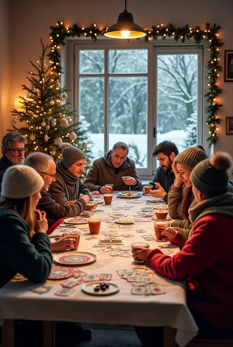 Une affiche verticale colorée dune soirée festive de jeux de société dans une salle des fêtes du village en hiver avec plusieurs grandes tables, entourés dune variété de jeux de société, de cartes et de puzzles. Les tables sont remplies de jeux, de pâtisse...