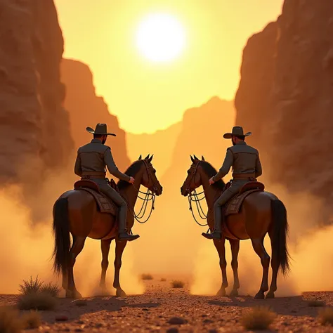 A highly detailed 3D illustration of two cowboys facing off at high noon in an open clearing within the Copper Canyons, both mounted on their horses, preparing for a tense duel. The blazing sun hangs directly overhead, casting harsh, intense light that add...