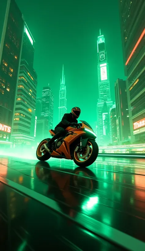 a cinematic shot of trons light city at night. a neon brown bike riding across the neon green cityscape. light trail can be seen at the tail of the bike, motion blur too.