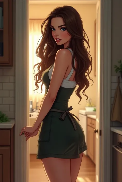 Latina woman with brown hair, blue eyes, white skin, Flirtatious smile, wearing a fitted kitchen apron , opening the door, sexy, hourglass, in manhwa style, anime style, digital art, perfect arr