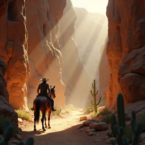 A highly detailed 3D illustration of a cowboy exploring an ancient ruin hidden deep in the Copper Canyons, discovering mysterious hieroglyphs on the canyon walls. Sunbeams filter through cracks in the rock, illuminating the symbols, while the cowboy’s hors...