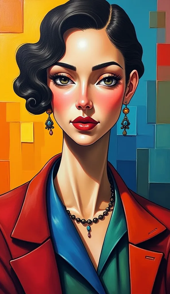 A beautiful portrait of a woman, painted in the "cubist style. The woman's figure is characterized by an emphasis on geometric shapes and angles, as if seen from multiple perspectives, and is composed of vibrant colors.