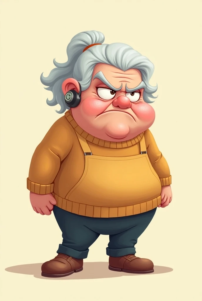 Grumpy old woman , with deafness device,  in full body cartoon style 